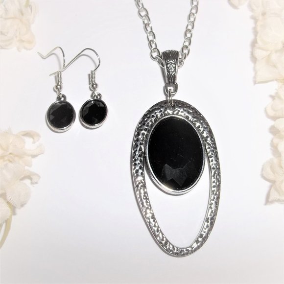 Jewelry Set Long Necklace Earrings Silver Black Hammered Metal Boho Style A588 - Picture 1 of 7